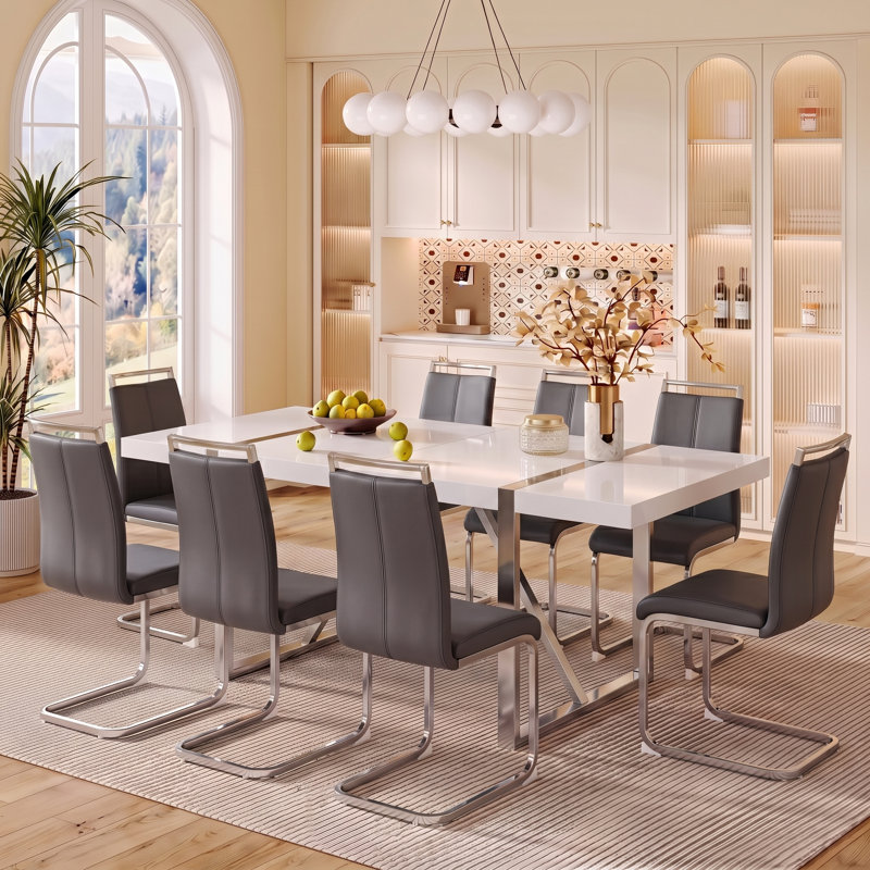 9-Piece Modern Glam Rectangular High-Gloss Wood Dining Set with Faux Leather Cantilever Chairs, Gray, 9