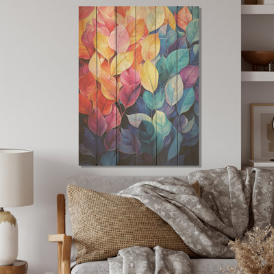 Feuillage coloré pastel coloré I - feuilles, art mural sur bois de pin naturel