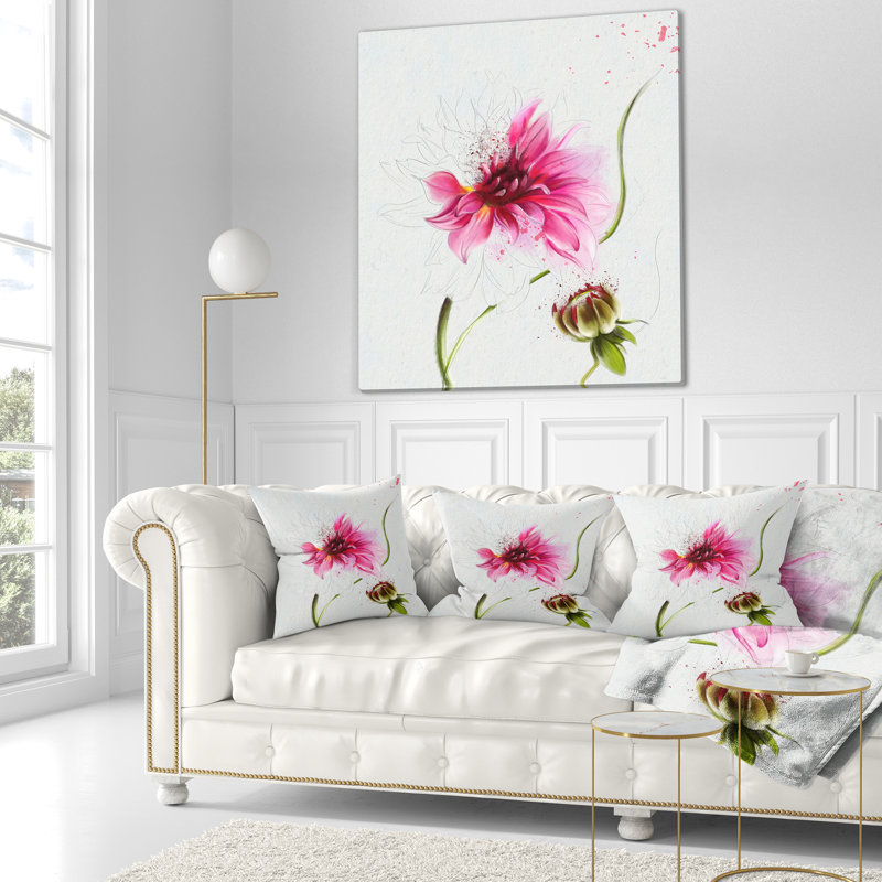 Fleur rose avec tige et bourgeon - coussin à imprimé floral, 16 po x 1 po, Coussin décoratif