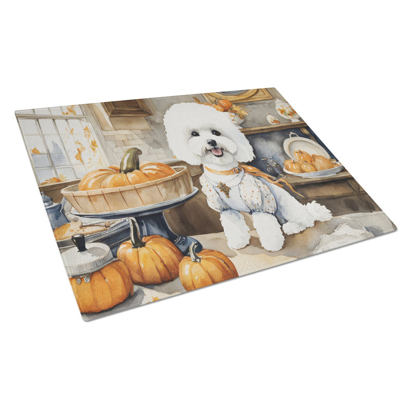 Bichon Frise Fall Kitchen Pumpkins Glass Cutting Board Large