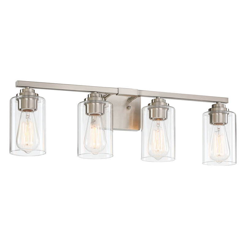 Luminaire de salle de bain à 4 lumières à intensité variable en nickel brossé 27,09 po avec abat-jour en verre transparent