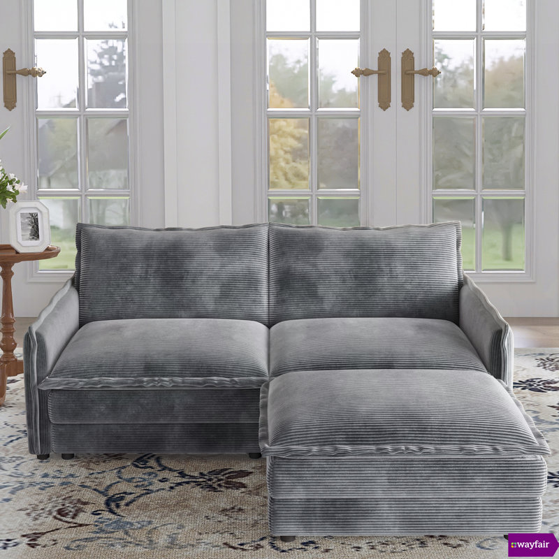  Shugar 75"W Stylish Corduroy Modular Sectional With One Ottoman, Gray Conduroy