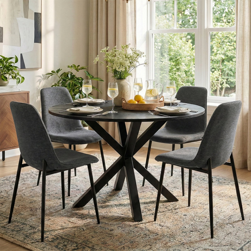 Folmar 39.5" W 5-Piece Round Dining Set with Chenille Chairs, Dark Gray