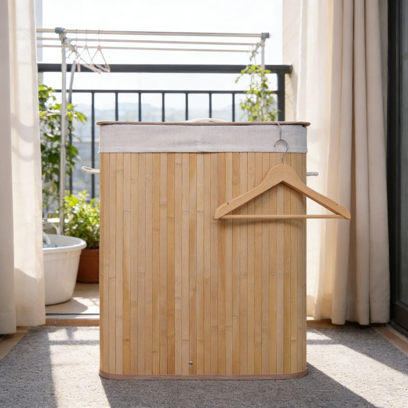 Folding Bamboo Laundry Hamper With Lid And Washable Liner, 28 Gallon Slim Storage Basket For Small Spaces, Foldable Design For Easy Storage