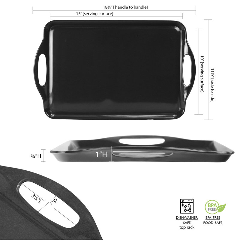 Reston Lloyd Multi-Purpose 18" Rectangle Melamine Plastic Handled Tray, Black
