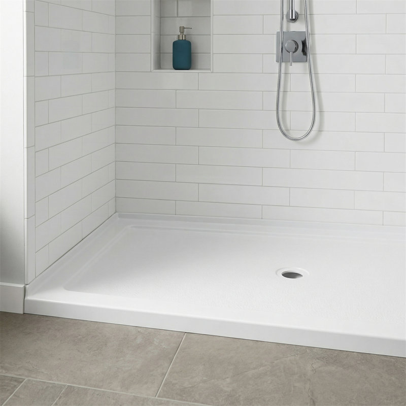 60" x 36" Acrylic Heavy-Duty Shower Base, Reinforced Multi-Layer Construction, Low Threshold, Slip-Resistant Texture, Center Drain, Integrated Tile Flange, 12 PVC Support Rings