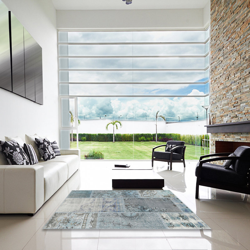 Tapis gris/bleu zone contemporaine, Carré 7 pi