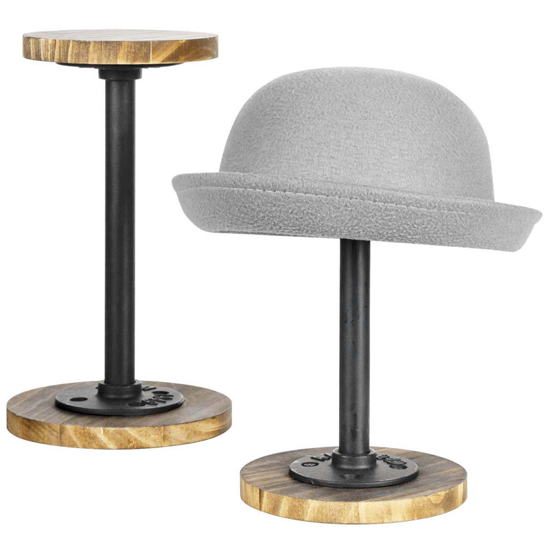 2-Piece Rustic Wood & Metal Hat Display Stand – Tabletop Cowboy Hat, Cap & Wig Holder Riser Décor