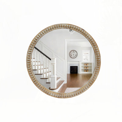 Round Decorative Wall Mirror, 31.5" Distressed Wood Beaded Frame Mirror For Entryway, Living Room, Bathroom, Farmhouse Style Accent Mirror