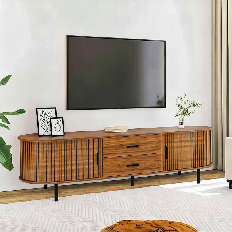 70" Mid-Century Modern TV Stand with Storage and Sliding Tambour Door, Walnut
