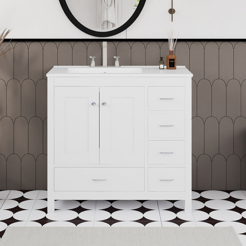 Ensemble de meuble-lavabo autoportant 36 po avec comptoir en céramique 36 po, Argent argent, Blanc