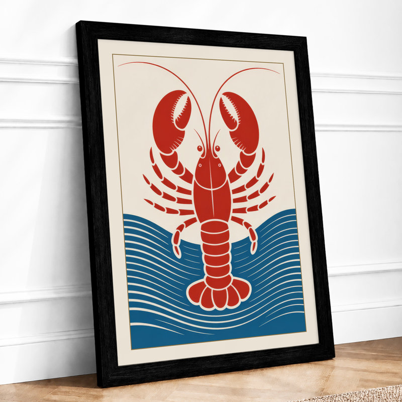 Lobster and Waves Retro - Framed Print, Black, A4 - 29.7 x 21.0 cm