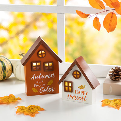 2-Piece 8"H Lighted Fall Wooden House-Shaped Table Decor