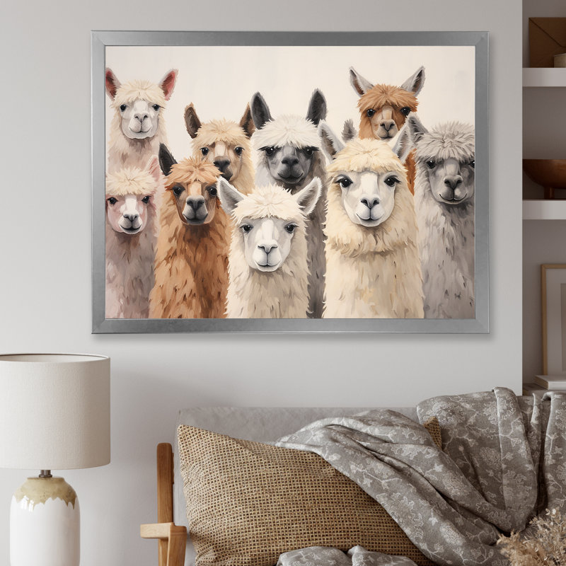 Minigalisme beige et gris, Curious Alpacas Collage I, Cadre photo argenté, H 24 po x l 32 po