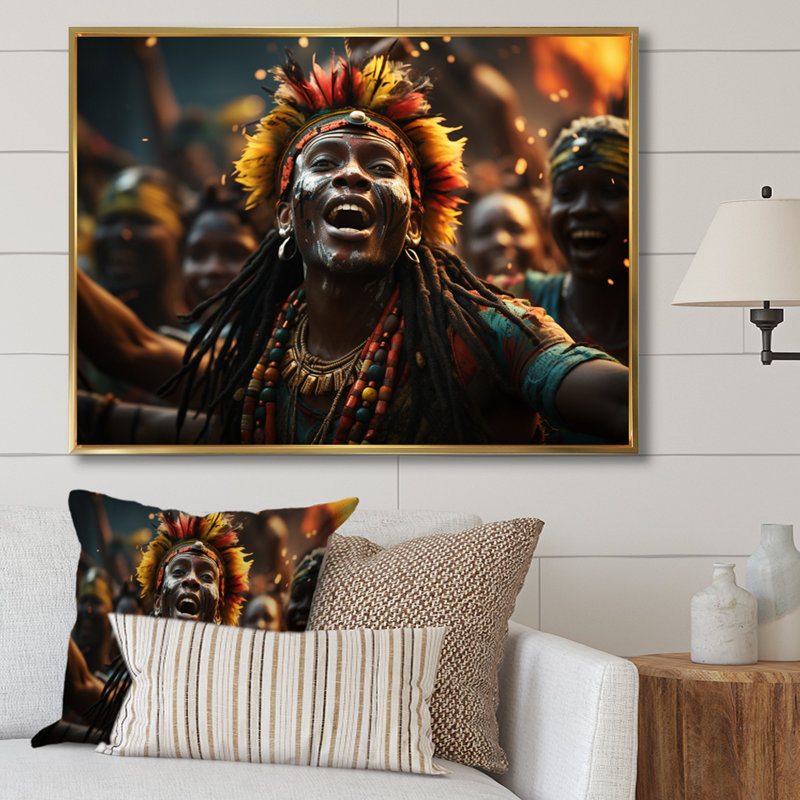 Célébration de la culture africaine II sur toile, Cadre flottant doré, H 16 po x l 32 po x P 1 po