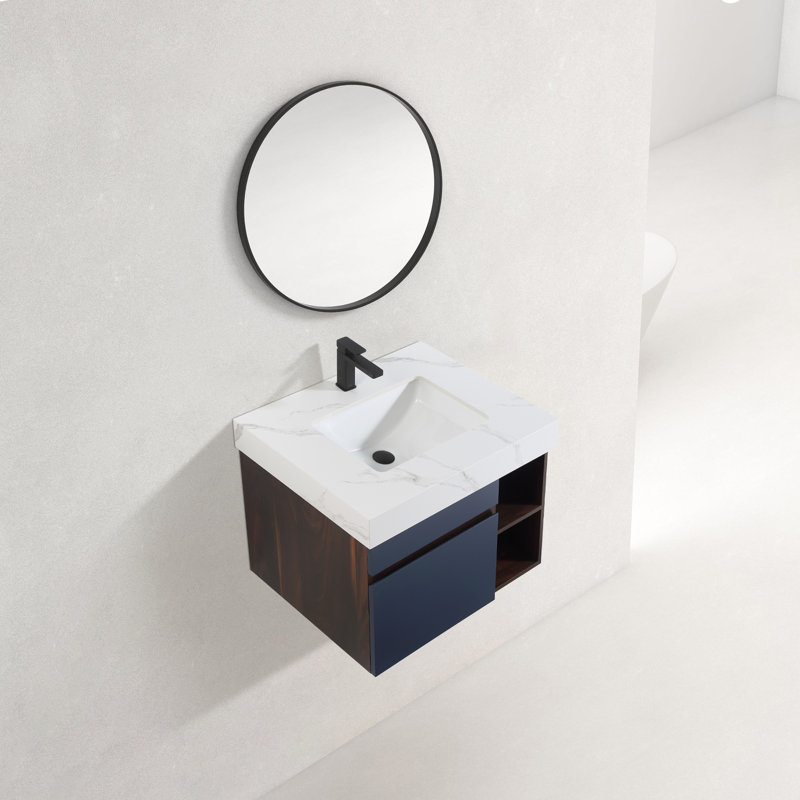 Meuble-lavabo mural simple 30 po avec comptoir en pierre reconstituée, lavabo simple encastré en céramique, Bleu marine