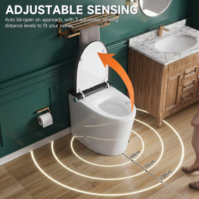 Toilette haute 18 po ADA avec bidet intégré, réservoir allongé, avec bouclier en mousse, stérilisation UV, couvercle à ouverture / fermeture automatique, chasse d'eau automatique, siège chauffant, capteur de pied