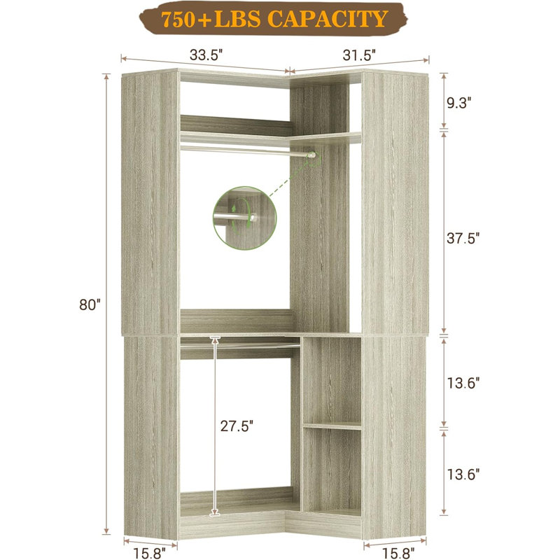 34" W Corner Closet System with Hanging Rods, White Oak