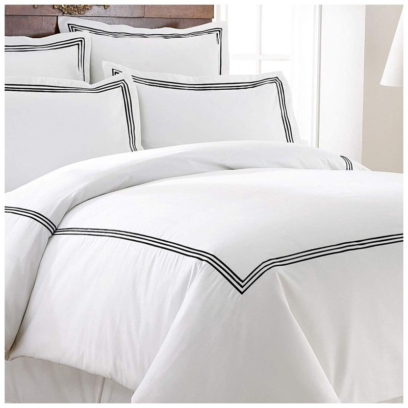 400TC Cotton Triple Embroidery Sateen Solid Duvet Cover Set, White/Black, Twin/Twin XL Duvet Cover