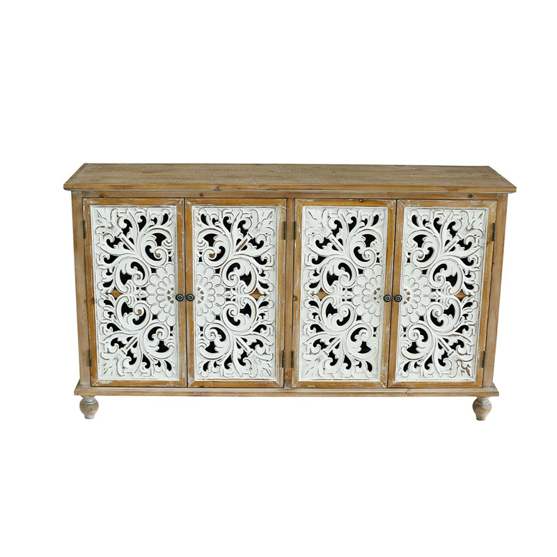 Modern Accent Cabinet - 4 Door Sideboard With Storage. Antique Natural, Distressed Design 4-Door Chest Storage For Dining Room. Handmade, Finish, Functional