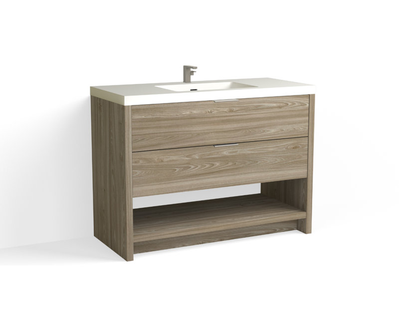 Vue 48" W Freestanding Single Bathroom Vanity, Nimbus, Matte White/Single, Satin Nickel