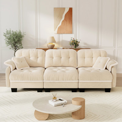 Chenille Cloud 3-Seater Sofa with Pillows and Pom-Pom Trim, Beige