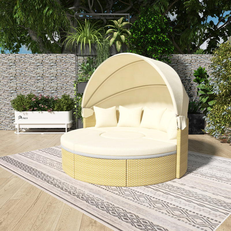 Canapé d'extérieur en rotin pour terrasse avec auvent rétractable, siège séparé et coussin amovible