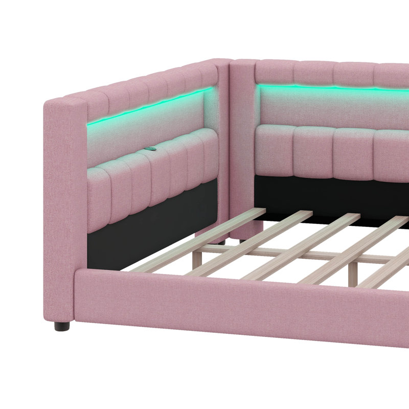 Lit de jour rembourré double TG avec rangement intégré, configuration en L avec bande DEL et ports USB, cadre de lit en tissu de lin