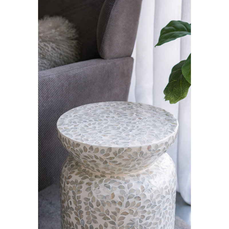 Round Bamboo Accent Table with Capiz Shell Inlay – Compact Side Table for Indoor Décor
