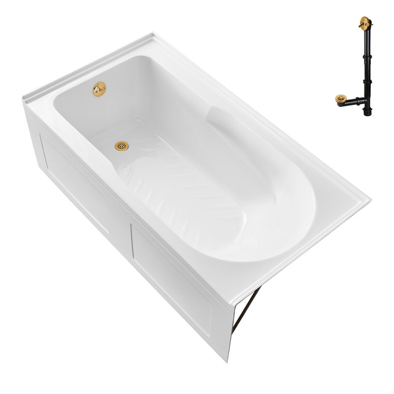 Streamline 60 in. x 32 in. Acrylic Left-Hand Drain Alcove Bathtub in Glossy White With External Drain, Brushed Gold