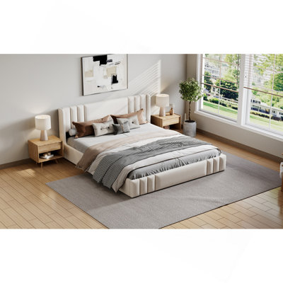 King Size Upholstered Platform Bed Frame, Beige