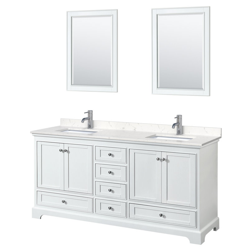 Ensemble de meuble-lavabo double 72 "avec miroir Deborah, Marbre de culture de Carrare, Blanc, Noir mat