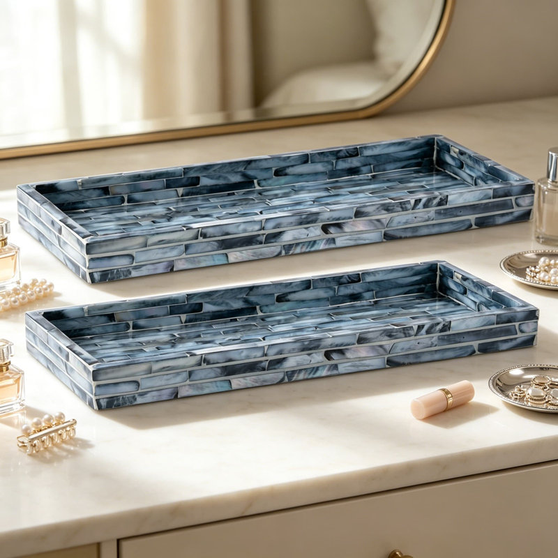 Ensemble de 2 plateaux en nacre bleue, ensemble de meuble-lavabo et de comptoir décoratifs fabriqués à la main pour salle de bain, vestibule, table basse, décoration élégante, 11,8 x 5,1 x 1 po