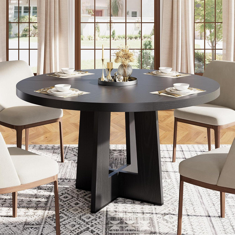 47" Round Pedestal Dining Table for 4-6, Space Saving Kitchen & Apartment Furniture, Black