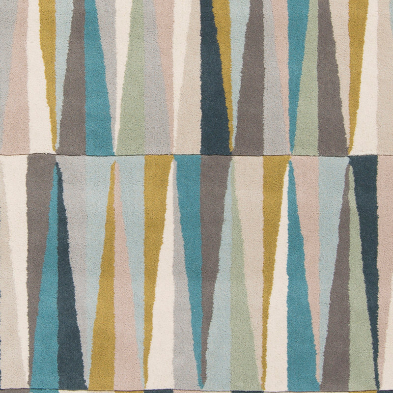 Tapis rose / bleu / jaune / brun en laine touffeté à la main à motif géométrique Vaughan, Tapis de couloir 2 pi 6 po x 8 pi