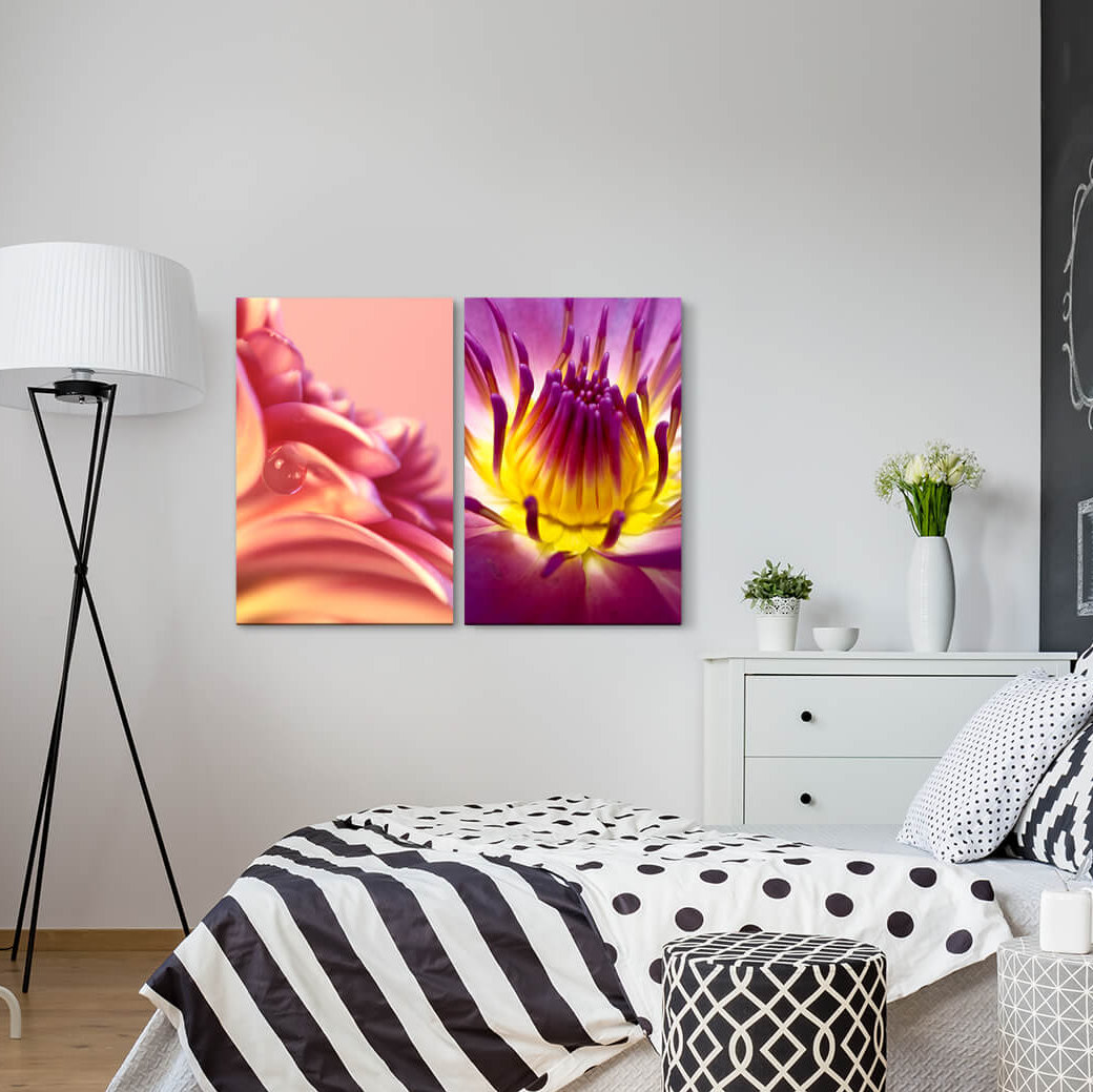 2-tlg. Leinwandbilder-Set - Fotografie „Flowers Blossoms Neon Glowing Pink Water Pearl”