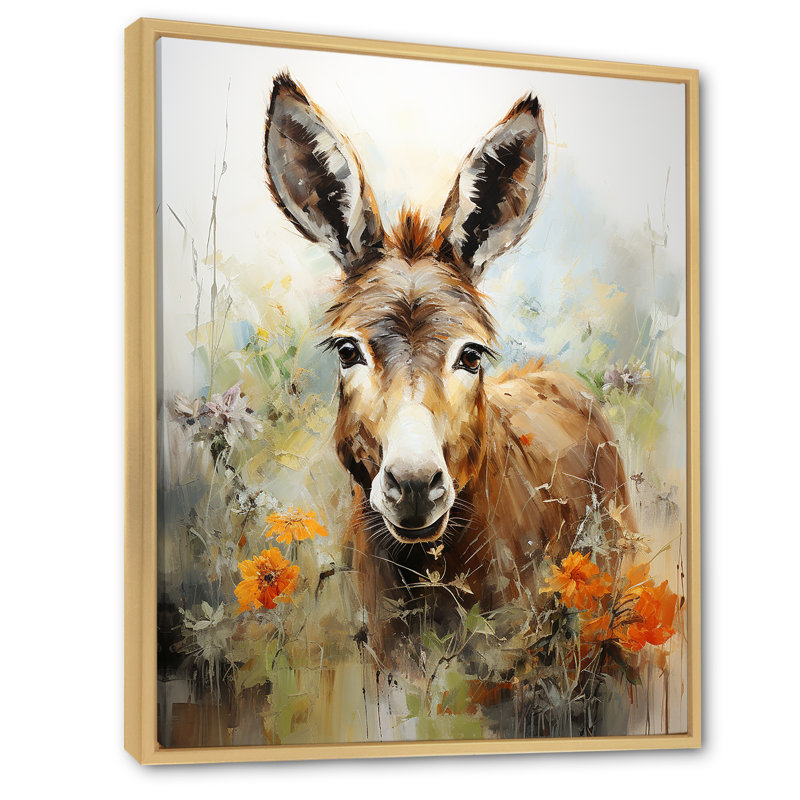 Donkey Flower Meadow - âne, art mural, H 32 po x l 16 po x P 1 po, Cadre flottant brun