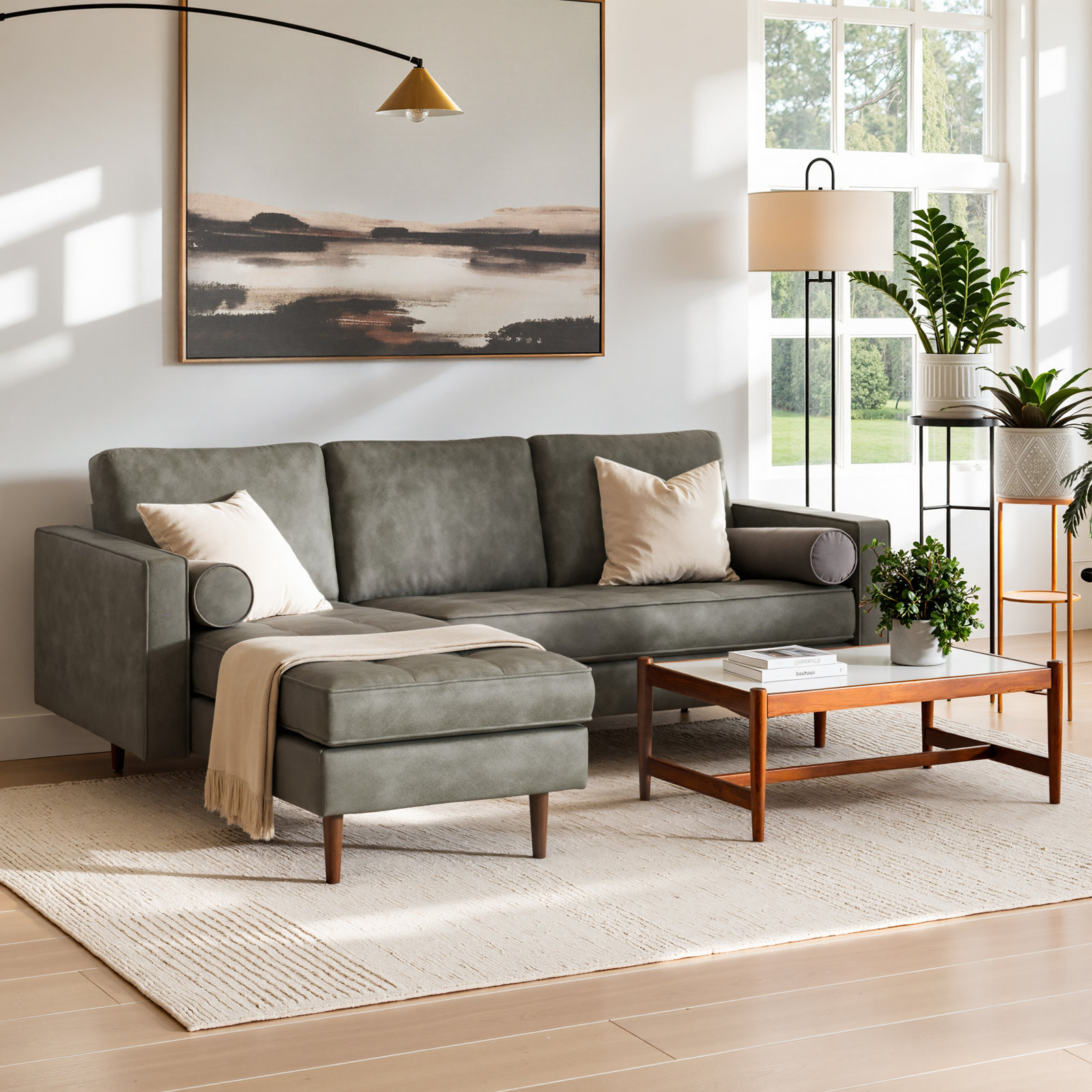 Pritchett 84" Wide Vegan Leather Reversible Modular Sofa & Chaise, Slate Grey Vegan Leather