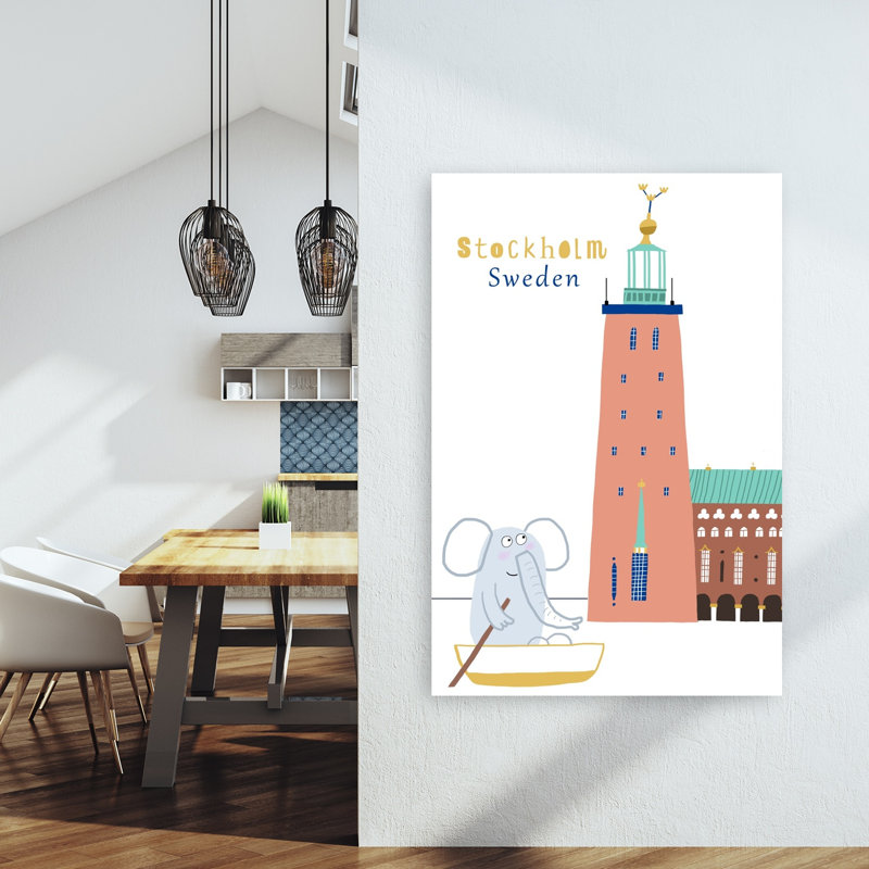 Hôtel de ville de Stockholm, art mural moderne représentant un éléphant et une architecture urbaine, H 60 po x l 40 po