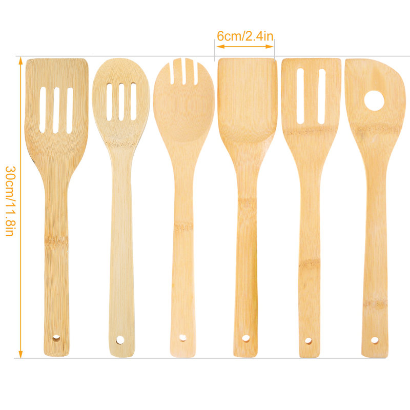 6Pcs Ustensile de cuisine en bambou Cuillères en bois Spatule Outils de cuisine Gadgets de cuisine en bois antiadhésifs
