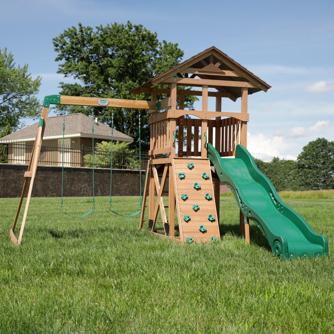 Backyard Discovery Lightning Ridge Cedar Wood Swing Set with Wave Slide, Play Deck, Rock Wall, and Sandbox Backyard Discovery