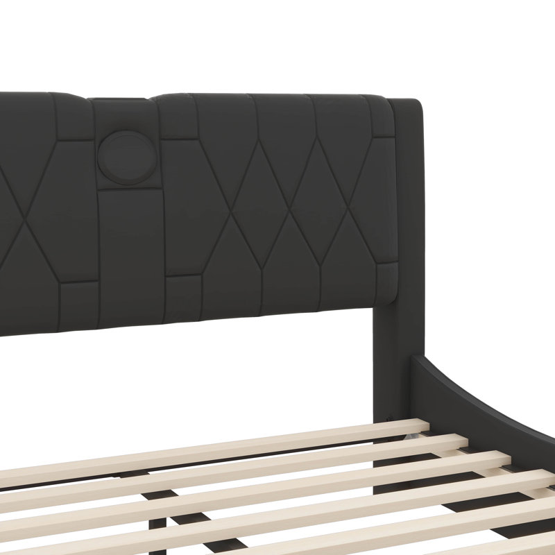 Lit luxueux en similicuir à profil bas avec audio Bluetooth et lumière DEL RVB, Noir, Lit double