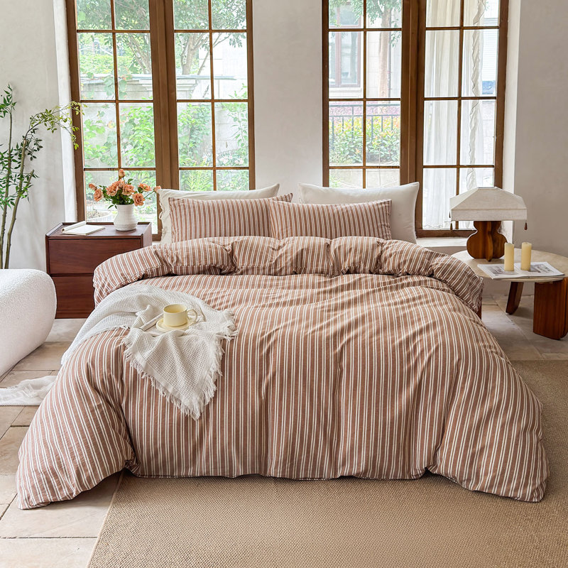 Ensemble de housse de couette rayé 100% coton délavé DONEUS, Housse de couette double + 2 taies d'oreiller stan