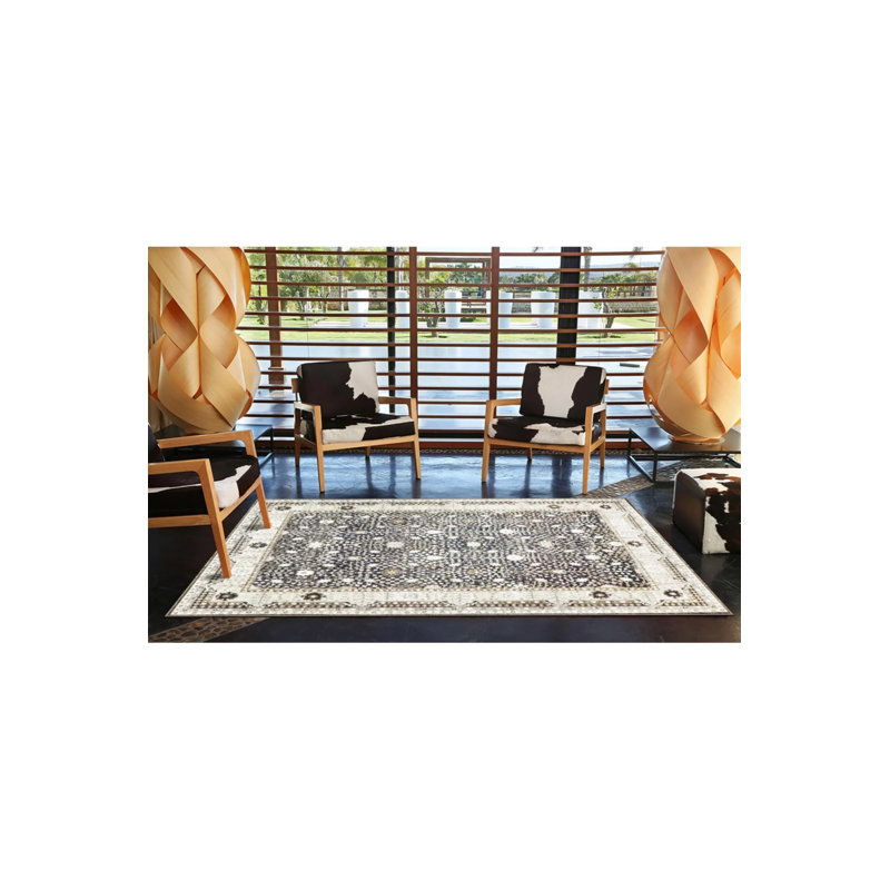 Tapis décoratif noir à motif floral noir et beige, Rectangle 3 pi 4 po x 6 pi 7 po