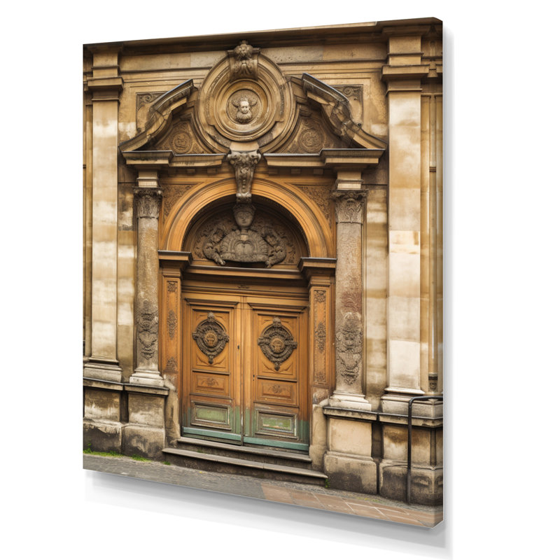 Vieille porte en bois avec sculptures à Paris, France I sur impression sur toile, H 20 po x l 12 po x P 1 po, Toile tendue