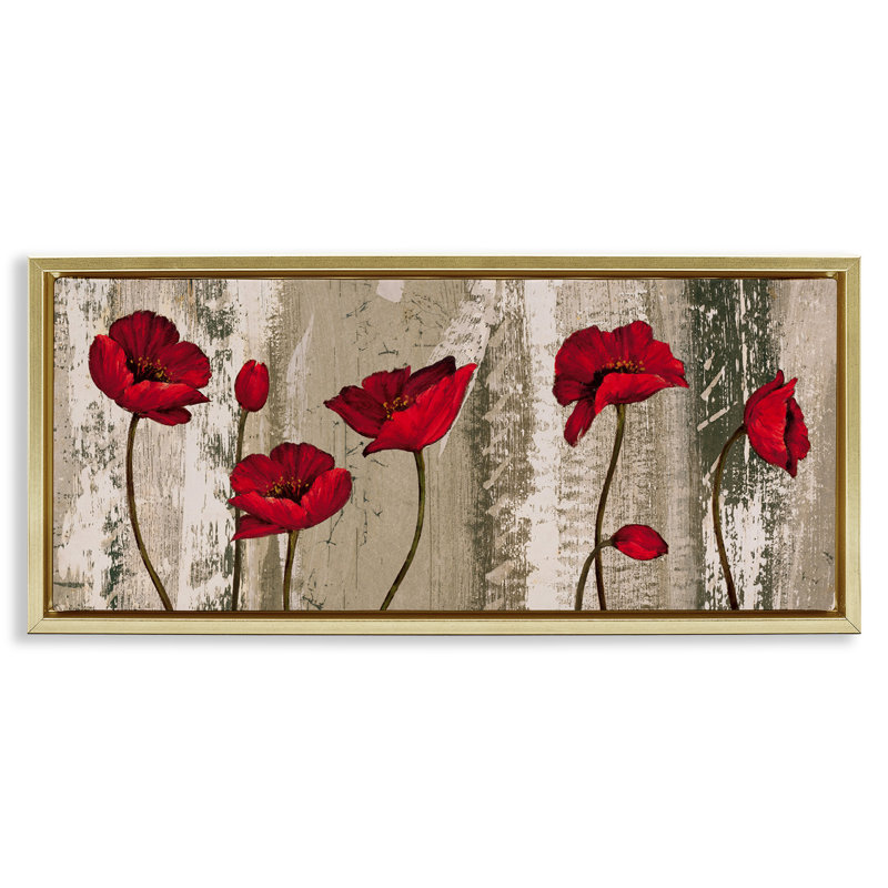 "Red Poppies", art mural encadré sur toile flottante par Brian Francis, Cadre flottant métallique doré, H 14 po x l 31 po