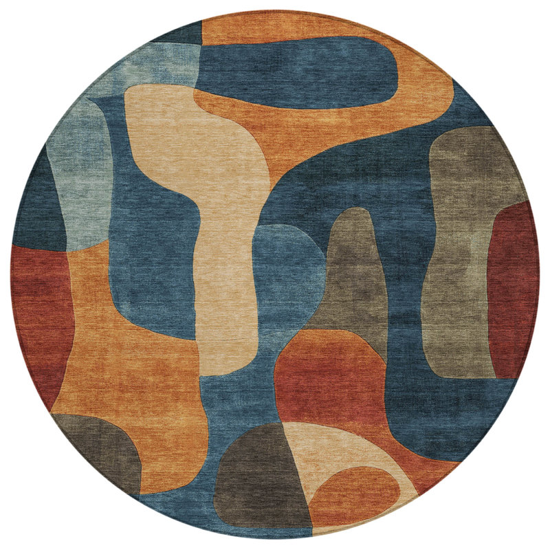 Machine Washable Indoor/Outdoor Xhevrie Navy Rug, Round 8'