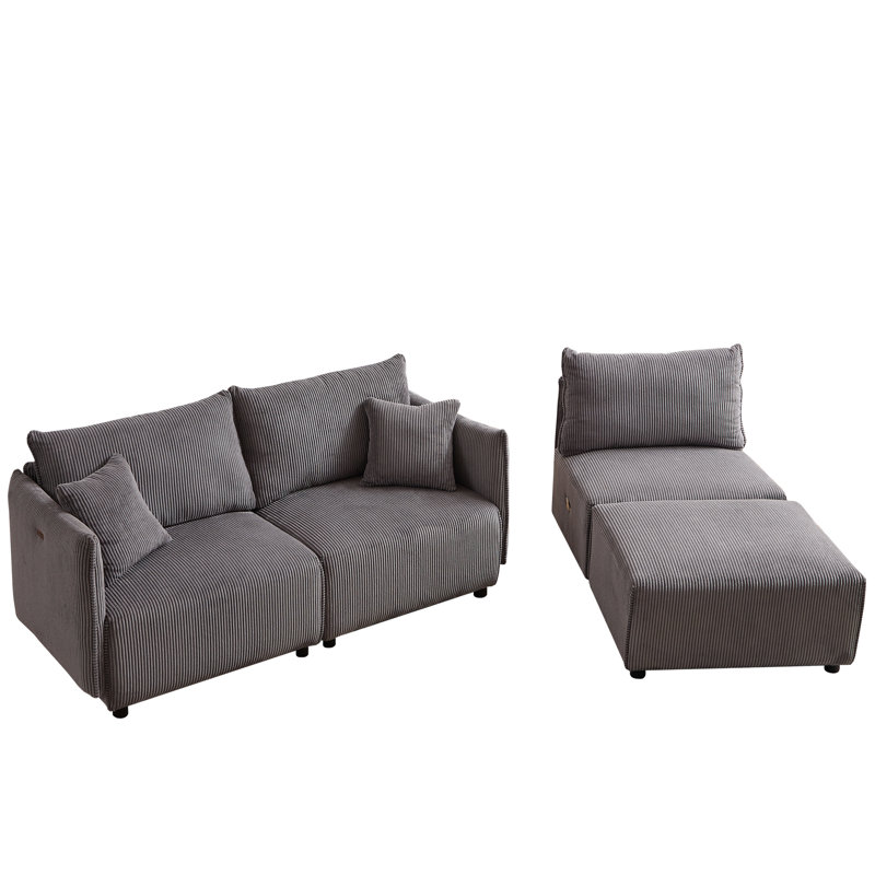 Combinaison de velours côtelé gris - 106 po pour salon, chambre à coucher, ports de style moderne avec et C et coussins de confort
