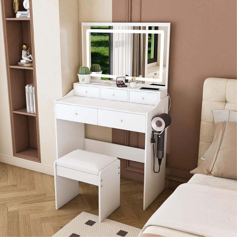 Large Mirror Makeup Vanity Desk with Built-in Power Outlet & Hair Dryer Holder, Modern White Dressing Table with 3-Color Dimmable Lighted Mirror