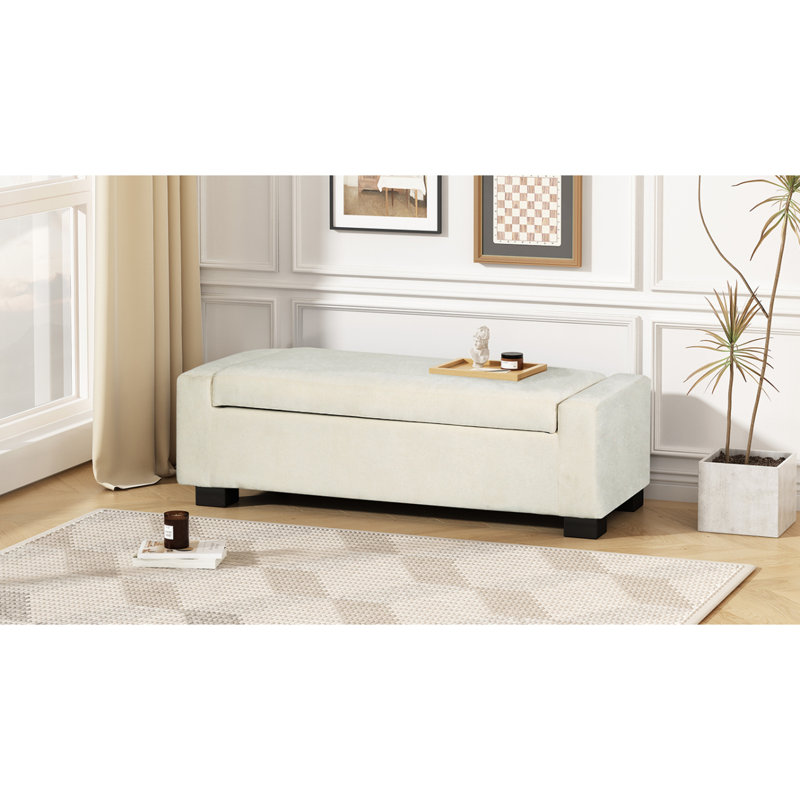 50" Ottoman Bench In Textured Fabric, Rectangular Design With Hinged Lid For Seating, Footrest, And Hidden Storage, White